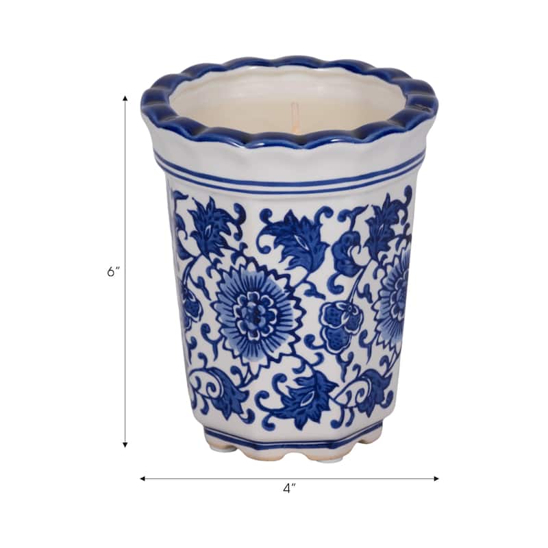 Sagebrook Home Ceramic Wax Fluted Chinoiserie Candle, 4-Inch, 7oz Blue/White - 4" x 4" x 6"