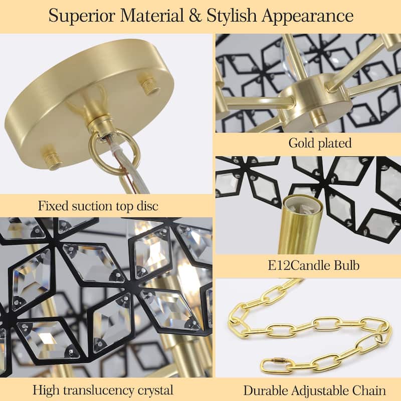 Anmytek 19" 5-Light Geometric Crystal Chandelier BlackGold Round Pendant Light - 19 Inch