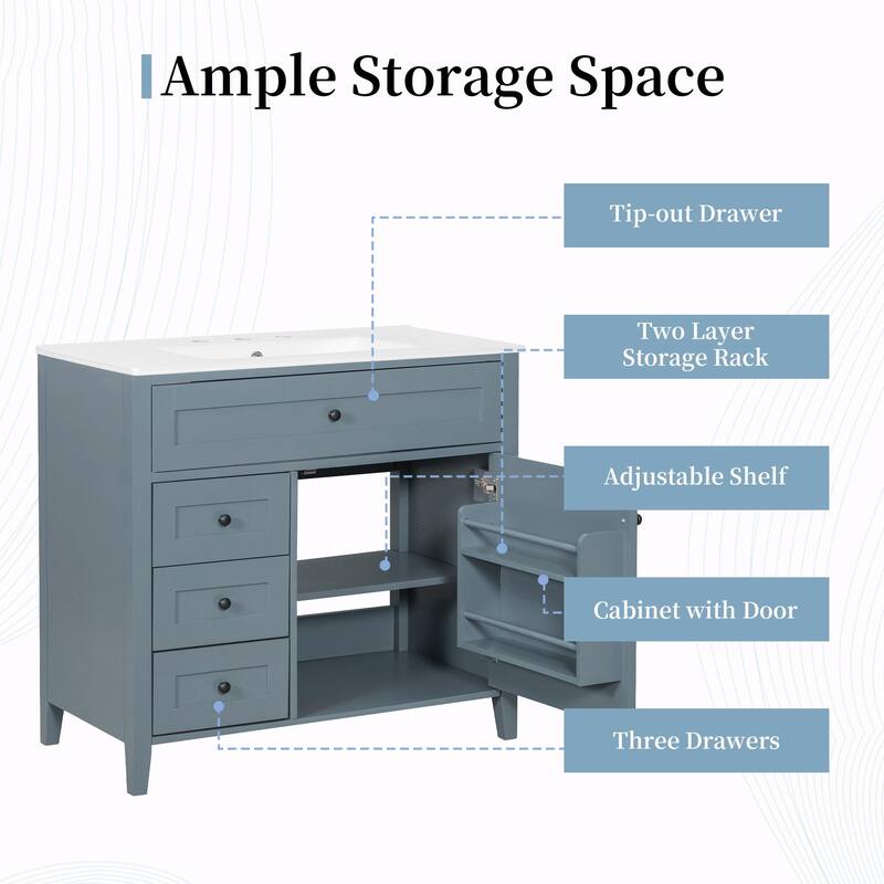 Bathroom Vanity with Sink, Modern MDF and Rubberwood Cabinet with 3 Drawers and Adjustable Shelf