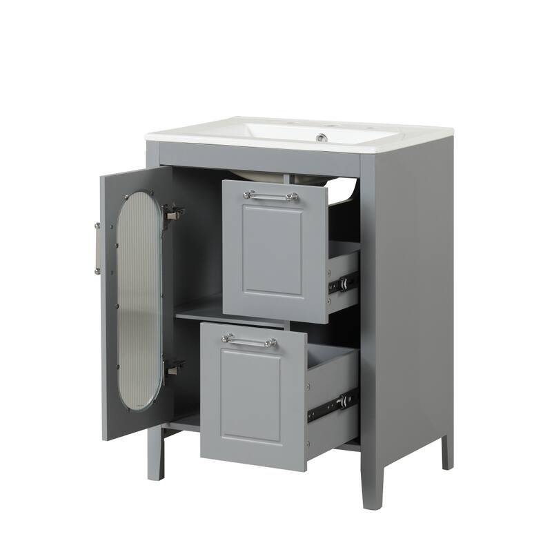 24" Solid Wood Bathroom Vanity with Sink, 2 Drawers, Door & Adjustable Shelf