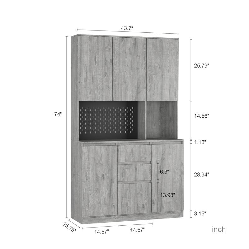Freestanding Buffet Cupboard with Charging Station, LED Lights and Microwave Stand