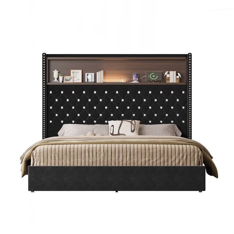 Queen Size Tufted Soft Bed Frame with USB Port and Night Light