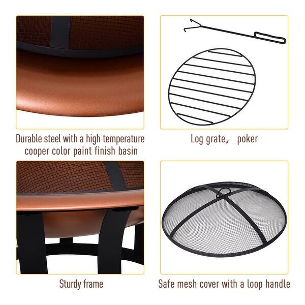Outsunny Copper-Colored Round Metal Wood Fire Pit Bowl with Black Ornate Base, Poker, & Mesh Screen for Ember Protection Outsunny Copper-Colored Round Metal Wood Fire Pit Bowl with Black Ornate Base, Poker, & Mesh Screen for Ember Protection
