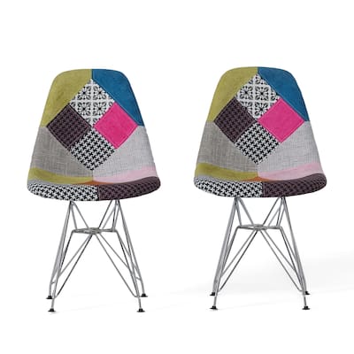 Accent Chair Set of 2, Multicolor Pink Patchwork w Eiffel Metal Base