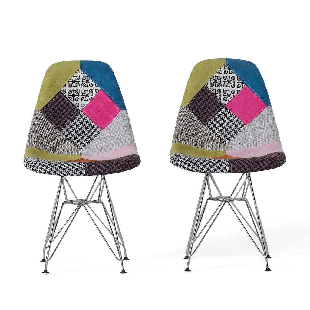 Accent Chair Set of 2, Multicolor Pink Patchwork w Eiffel Metal Base