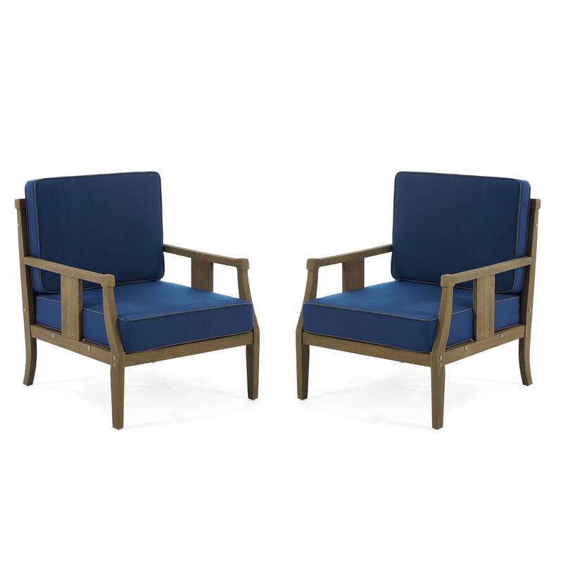 Set of 2 Outdoor Teak Wood Armchairs with Cushions, Patio Club Chairs