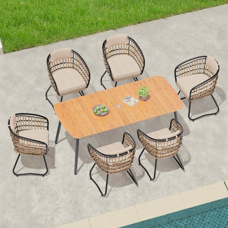 7-Piece Patio Dining Set Aluminum Outdoor Table with Umbrella Hole with Rattan Chairs - 70.9 inches long brown table with beige chairs