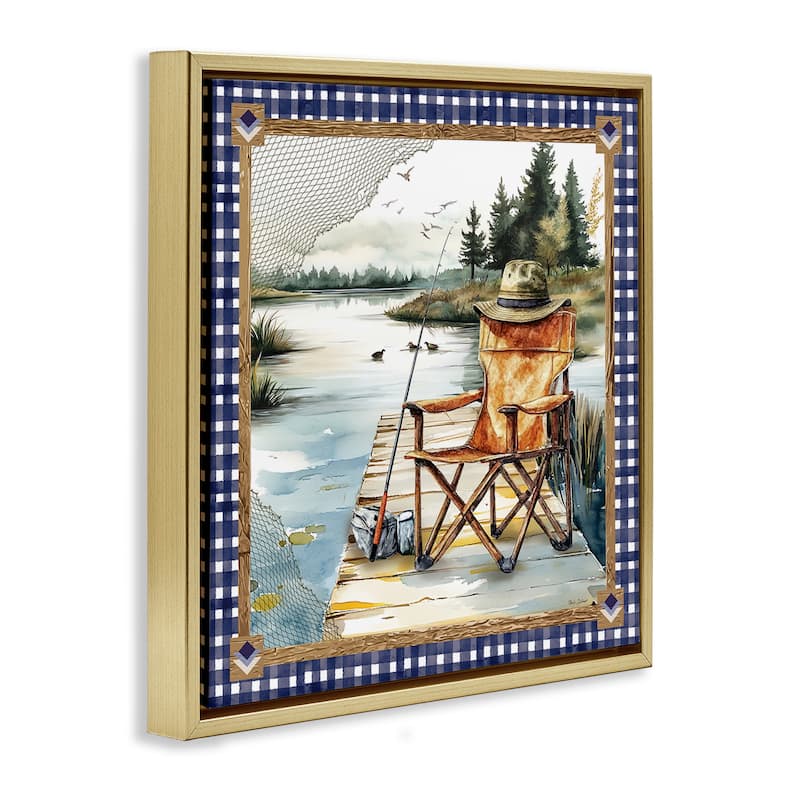 Stupell Fishing Chair on Dock Framed Floater Canvas Wall Art Design By Nicole DeCamp