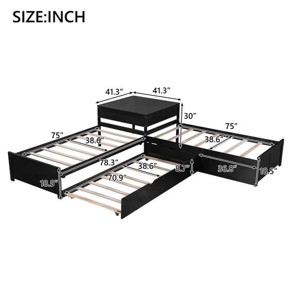 dimension image slide 1 of 3, Twin Size L-Shaped Pine Wood Platform Bed with Trundle & Two Drawers, Bedroom Sofa Bed Frame with Built-in Desk for Guest Room