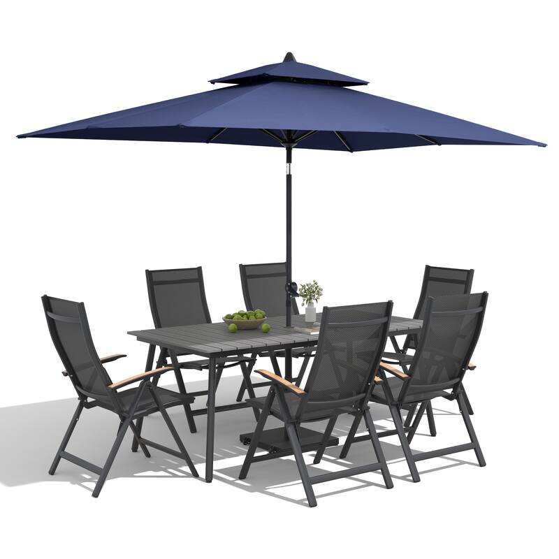 9/11-Piece Outdoor Patio Dining Set Aluminum Dining Table and Folding Chairs w/10 ft Umbrella and Base