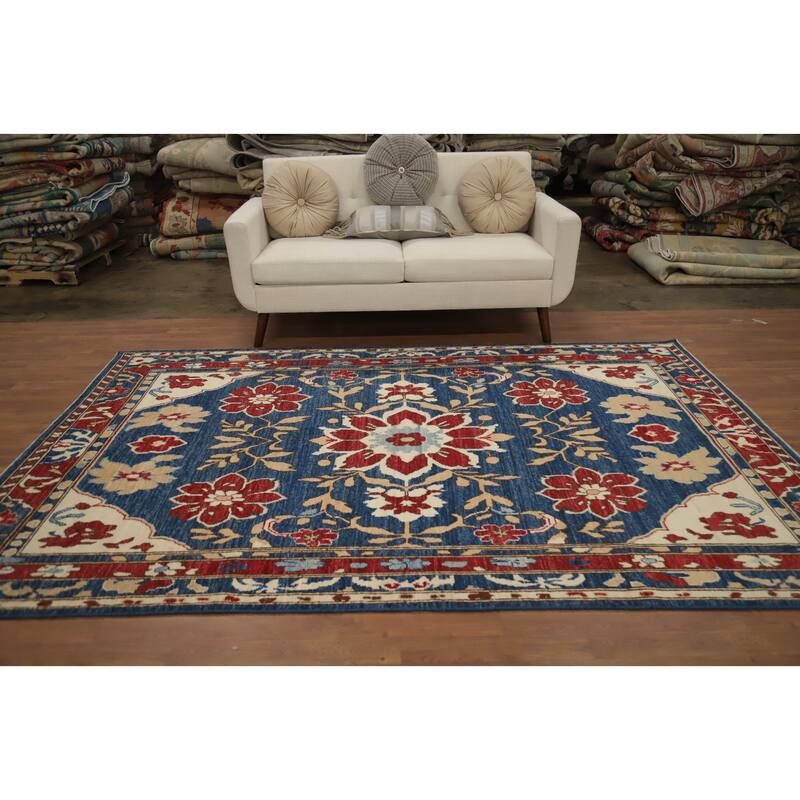 Hand Knotted Oriental 100% Wool Carpet Transitional Floral Navy Blue & Blues Oushak Area Rug - 9' 1'' X 6' 0''