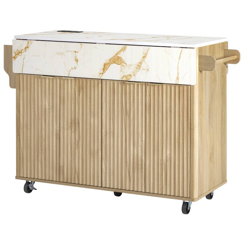 Kitchen Island Cart on Lockable Wheels, Rolling Kitchen Island with 2 Drop Leaf, Storage Cart with Power Outlet & Spice Rack