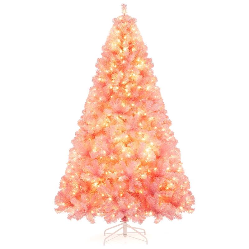Gymax 7.5 FT Pre-Lit Tinsel Christmas Tree Artificial Xmas Tree w/ - Pink
