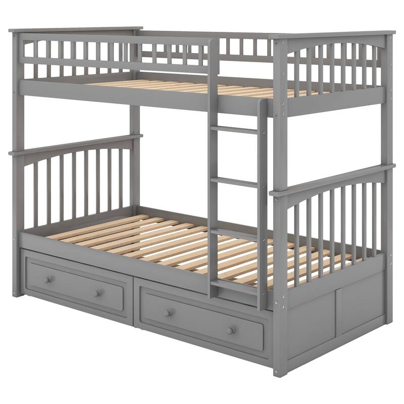 Solid Wood Twin Bunk Bed with Convertible Design, Drawers, and Fence Guardrails for Safe Sleeping