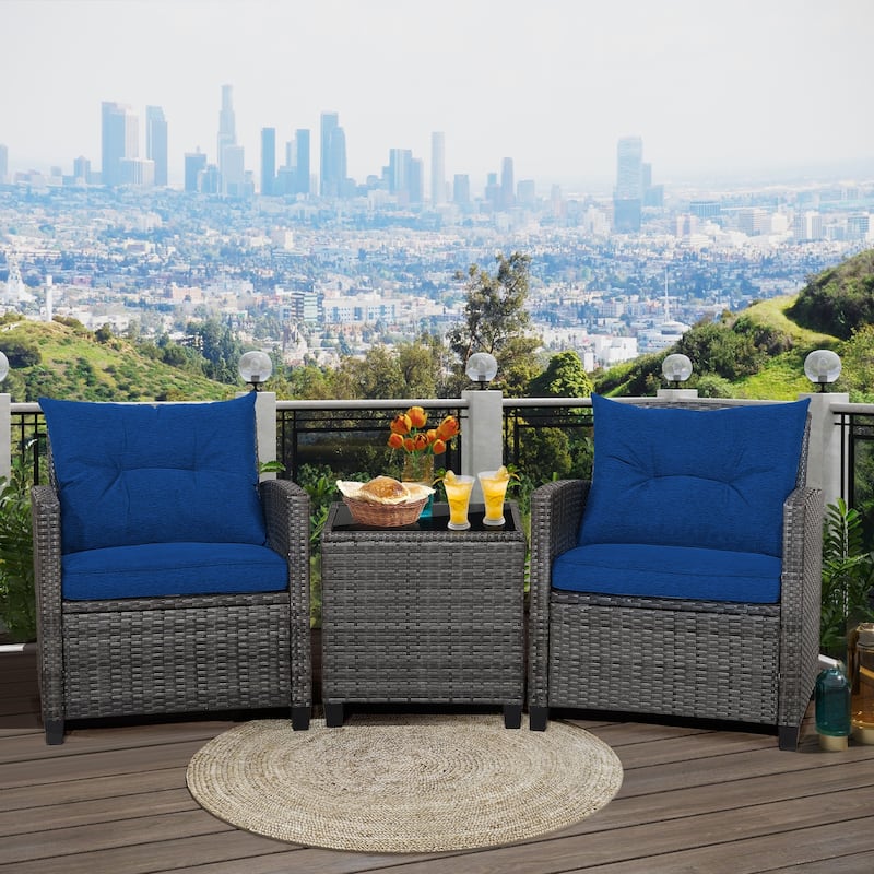 3-Piece Outdoor Wicker Patio Furniture Set with Tempered Glass Coffee Table - 26.5" x 26.5" x 30" (L x W x H)