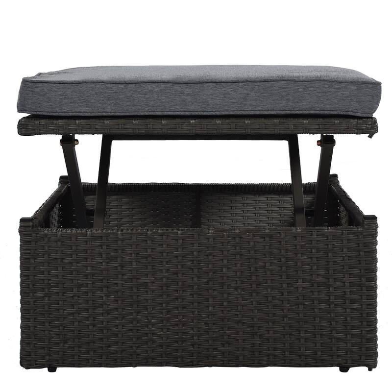 Outdoor Rectangle Patio Sunbed with Retractable Canopy and Reclining Seat, Rattan Sectional Daybed with Liftable Coffee Table