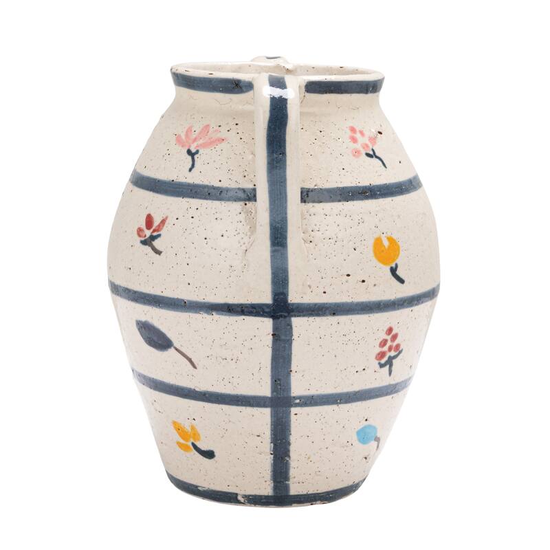 Hand-Painted Terra-cotta Urn with Flowers and Grid Pattern in Crackle Glaze
