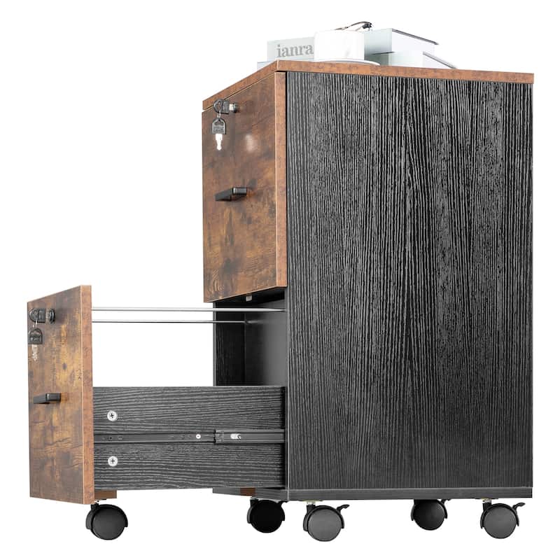 Brown and Black 2-Drawer Rolling Wood File Cabinet with Lockable Wheels for Office Storage