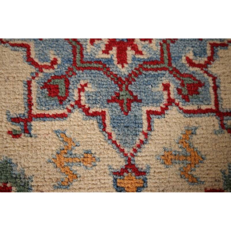 Geometric Kazak Foyer Rug Hand-Knotted Beige Wool Carpet - 1'11" x 2'11"