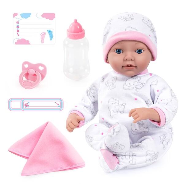 slide 2 of 5, Bayer: Reborn 15" Baby Doll Set - White Pink Elephant - Life-Like Doll, Blanket, Bottle, Pacifier, Name Tag & Birth Certificate