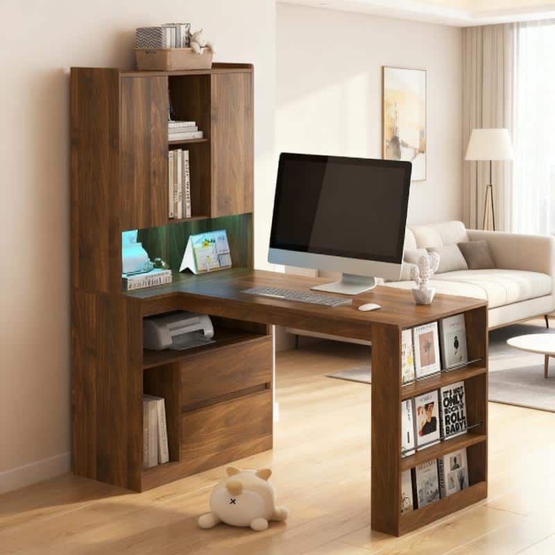 L-Shaped Computer Desk with LED Light & Bookshelf, Modern Corner Gaming Desk with Drawers and Storage