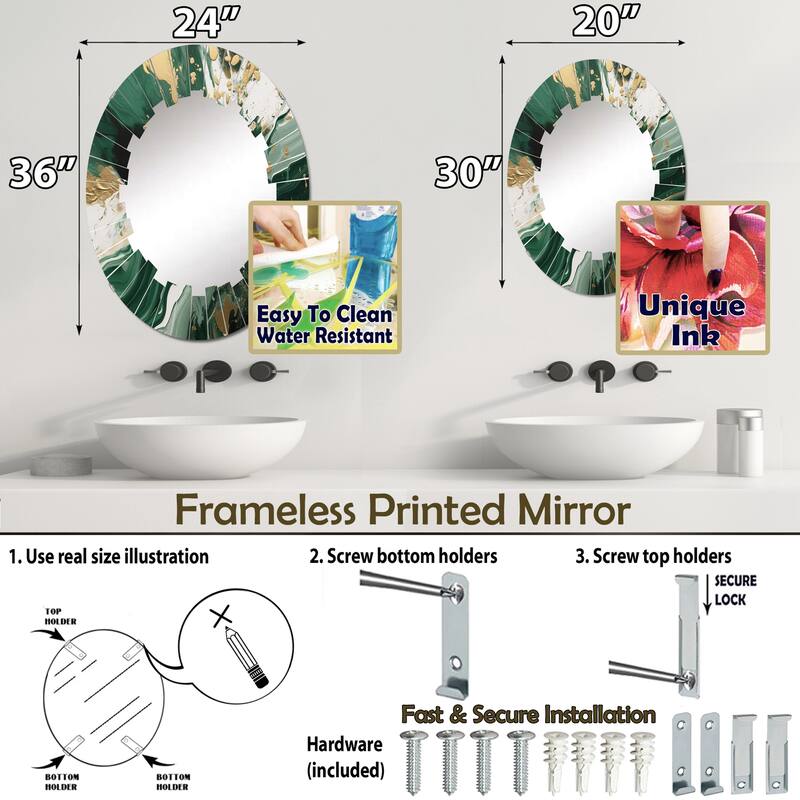 Designart "Green and Gold Liquid Magic I" Abstract Modern Wall Mirror