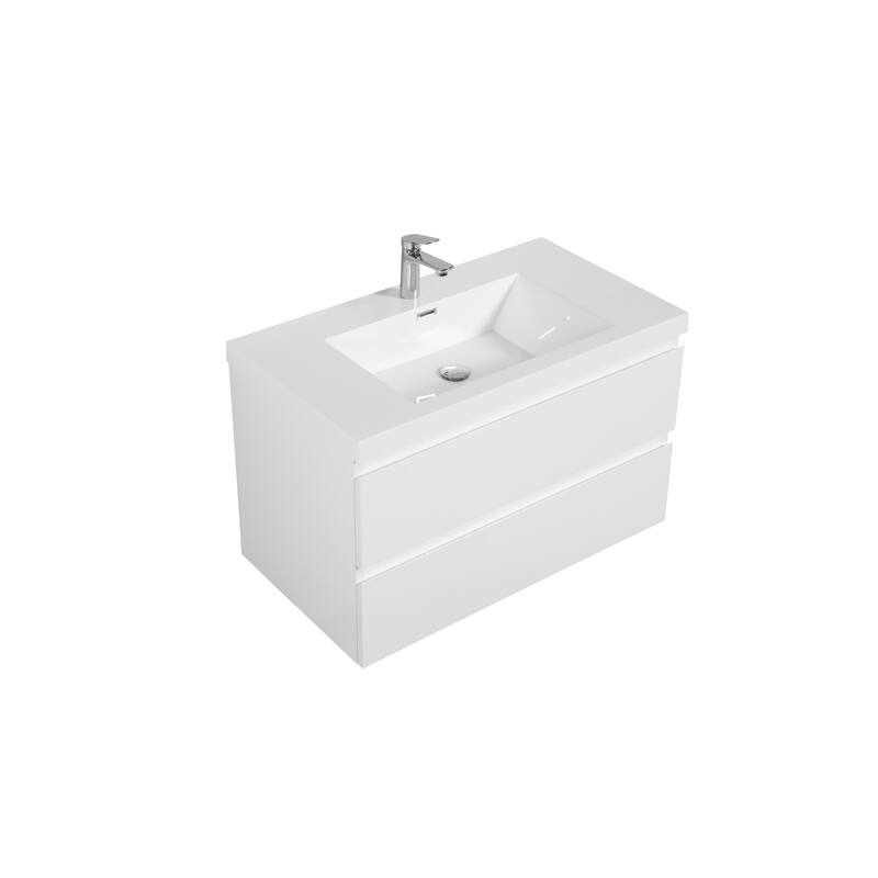 35.5-Inch Floating Bathroom Vanity with Glossy Resin Sink, Ash Grey Color, Wall-Mounted Design, 2 Drawers