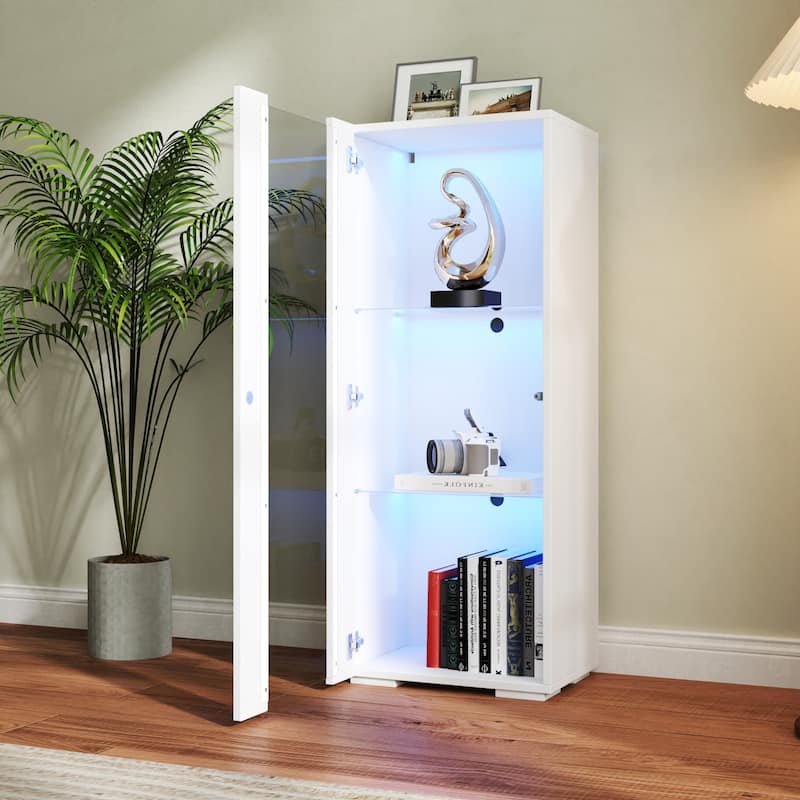 Modern Storage Cabinet with Built-In Aluminum LED Strip Lighting & Glass Shelves – Versatile for Living Room, Bedroom or Office