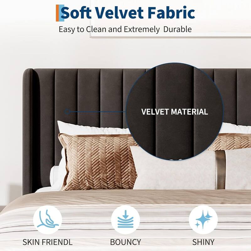 Velvet Upholstered Platform Bed Frame with Tufted Wingback Headboard, No Box Spring Needed