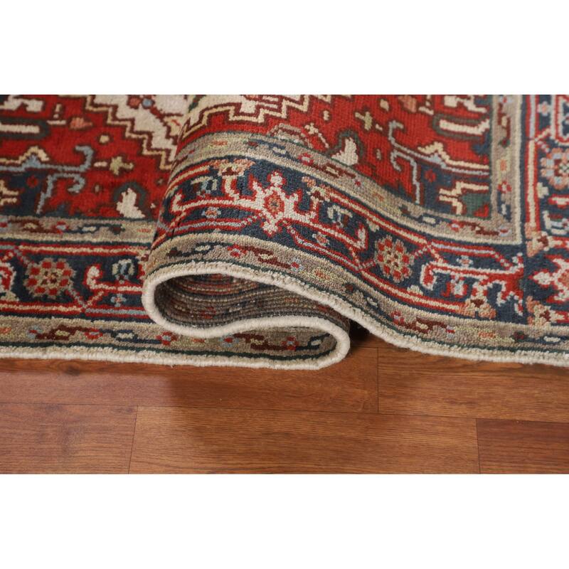 Ivory Geometric Heriz Serapi Oriental Accent Rug Handmade Wool Carpet - 3'0" X 4'11"