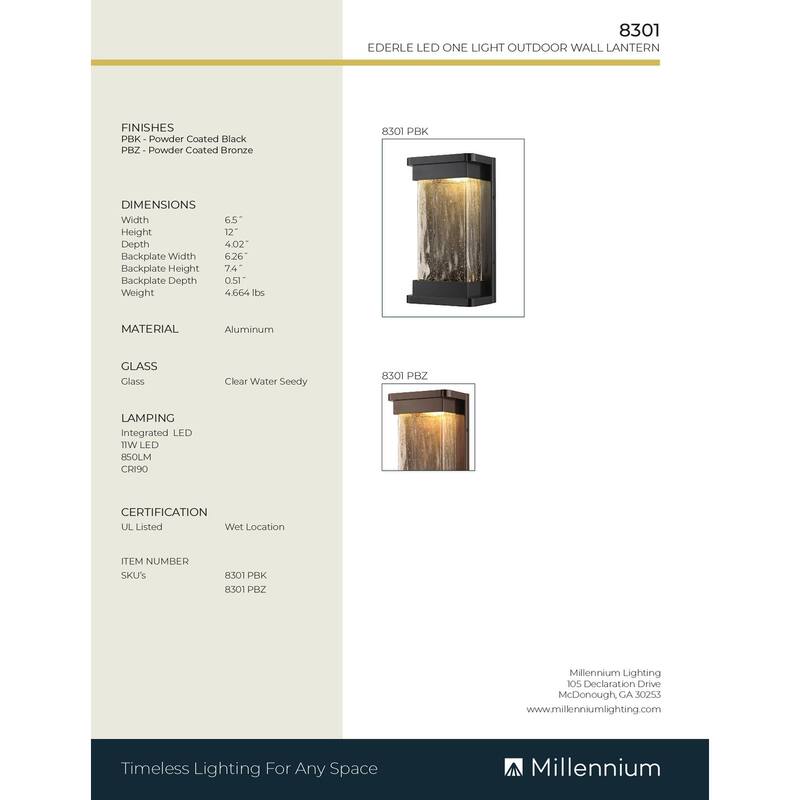 Millennium Lighting Ederle 1 LED Light Outdoor Wall Sconce with Clear Water Seedy Glass Shades