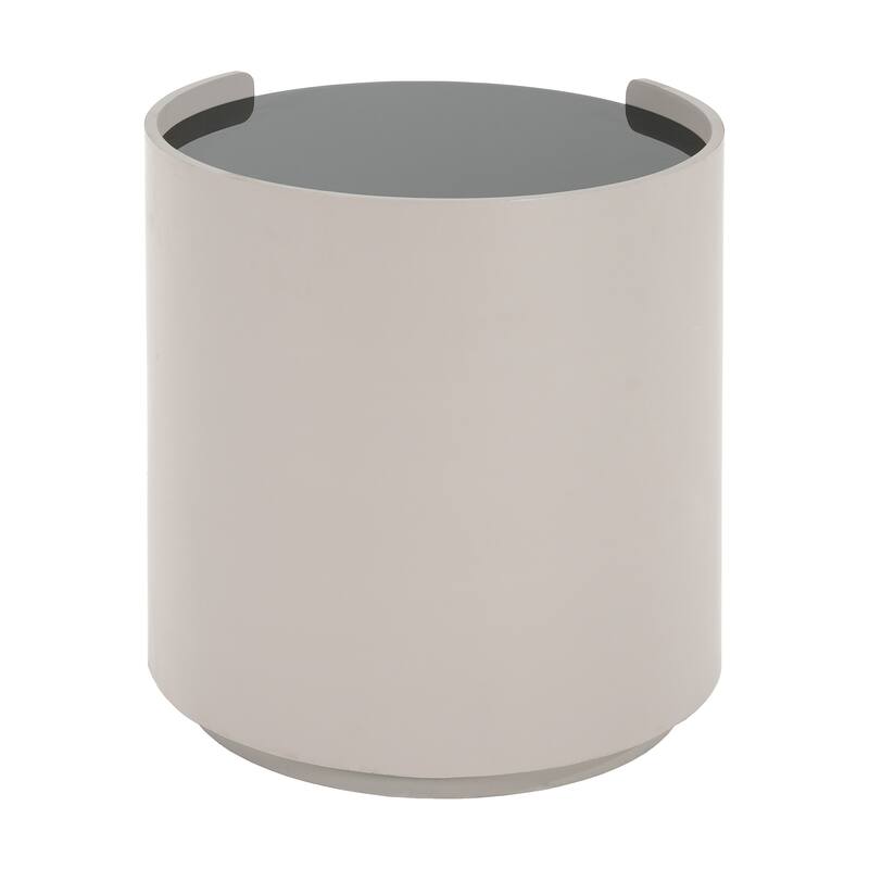 Grey Floor Side Table with Seamless Silhouette Smooth Rounded Edges, Brown Storage Drawers and Black Tempered Glass Top