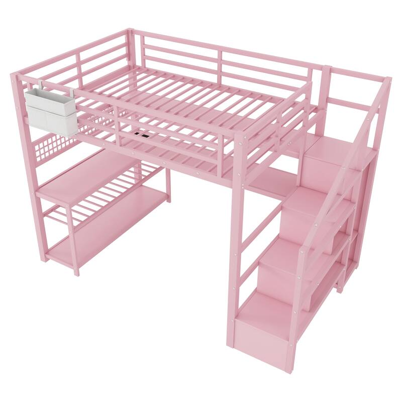 Full Size Loft Bed with Staircase and Wardrobe, Metal Loft Bed with Desk, Storage Shelves, LED Lights