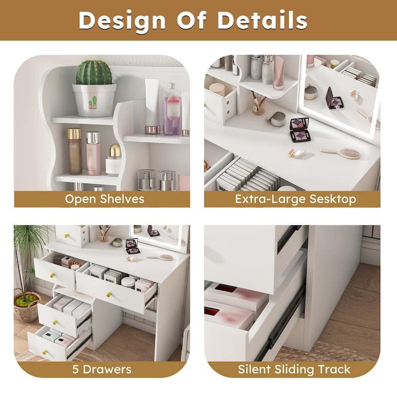 Makeup Vanity Desk with Sliding LED Mirror, 5 Storage Drawers, Touch Control Lighting & Organizer for Bedroom