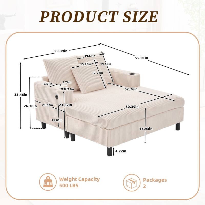 Recliner Sofa Loveseat with Chaise Lounge, Sleeper Sofa with USB & Type-C Charging Ports, Sofa Bed with Cup Holders