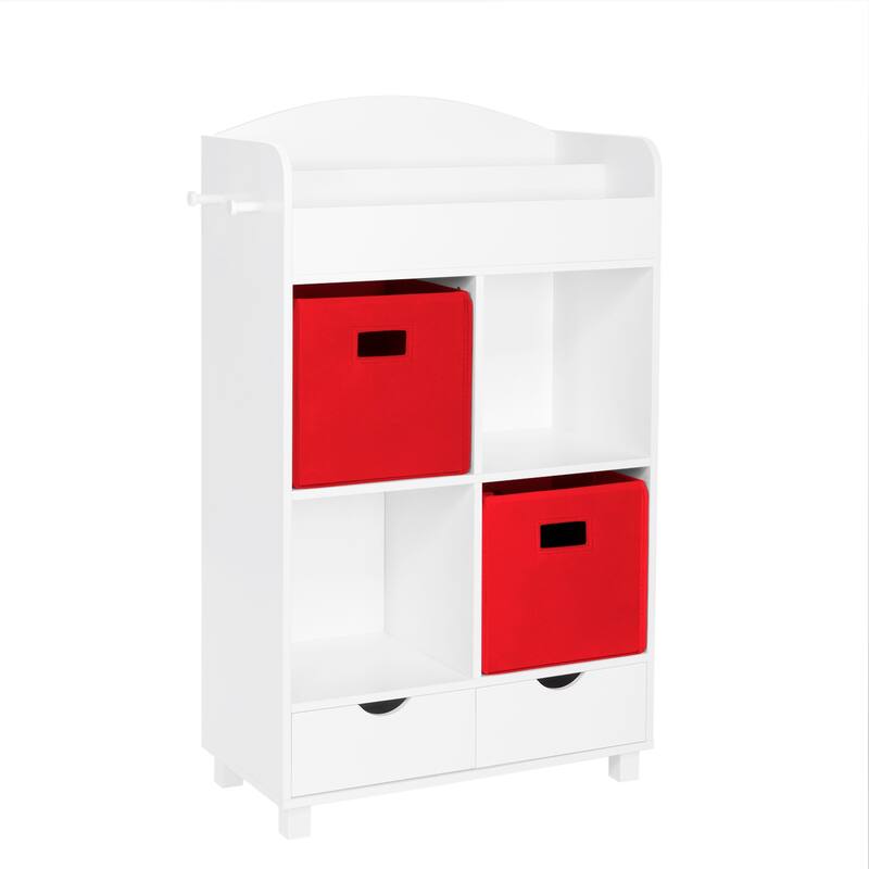 RiverRidge Kids Book Nook Cubby Toy Storage Cabinet with Bookshelf, Drawers, and Hooks - white with red bins