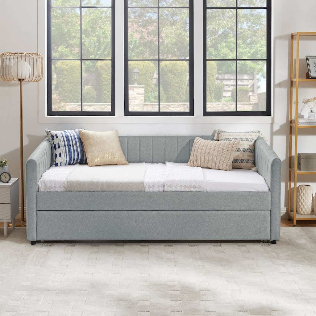 Roomfitters Twin/Full Daybed with Trundle Upholstered Sofa Bed Frame with Vertical Stripes Linen Design, Grey