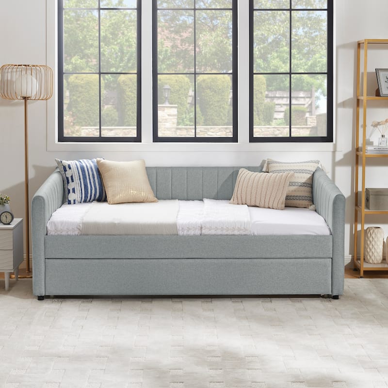 Twin Size Daybed Vertical Stripes Upholstered Sofa Bed with Trundle