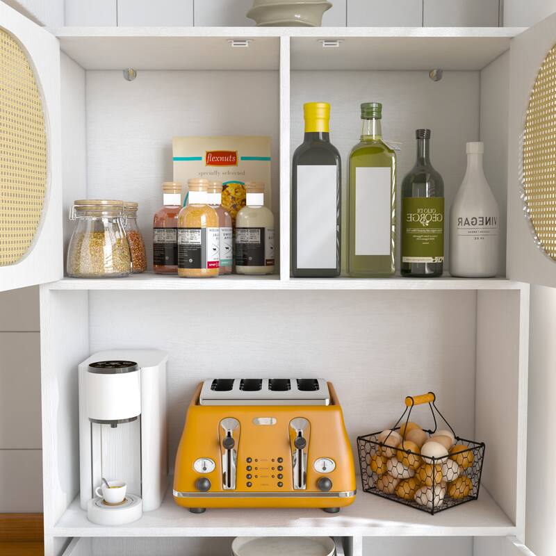 Rattan Buffet Cabinet Tall Kitchen Pantry w/ Power Outlet & 4 Drawers