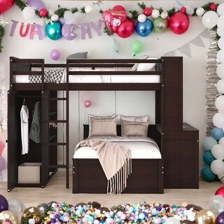 Full Loft Bed with a Stand-alone bed, Shelves, Desk and Wardrobe, Black