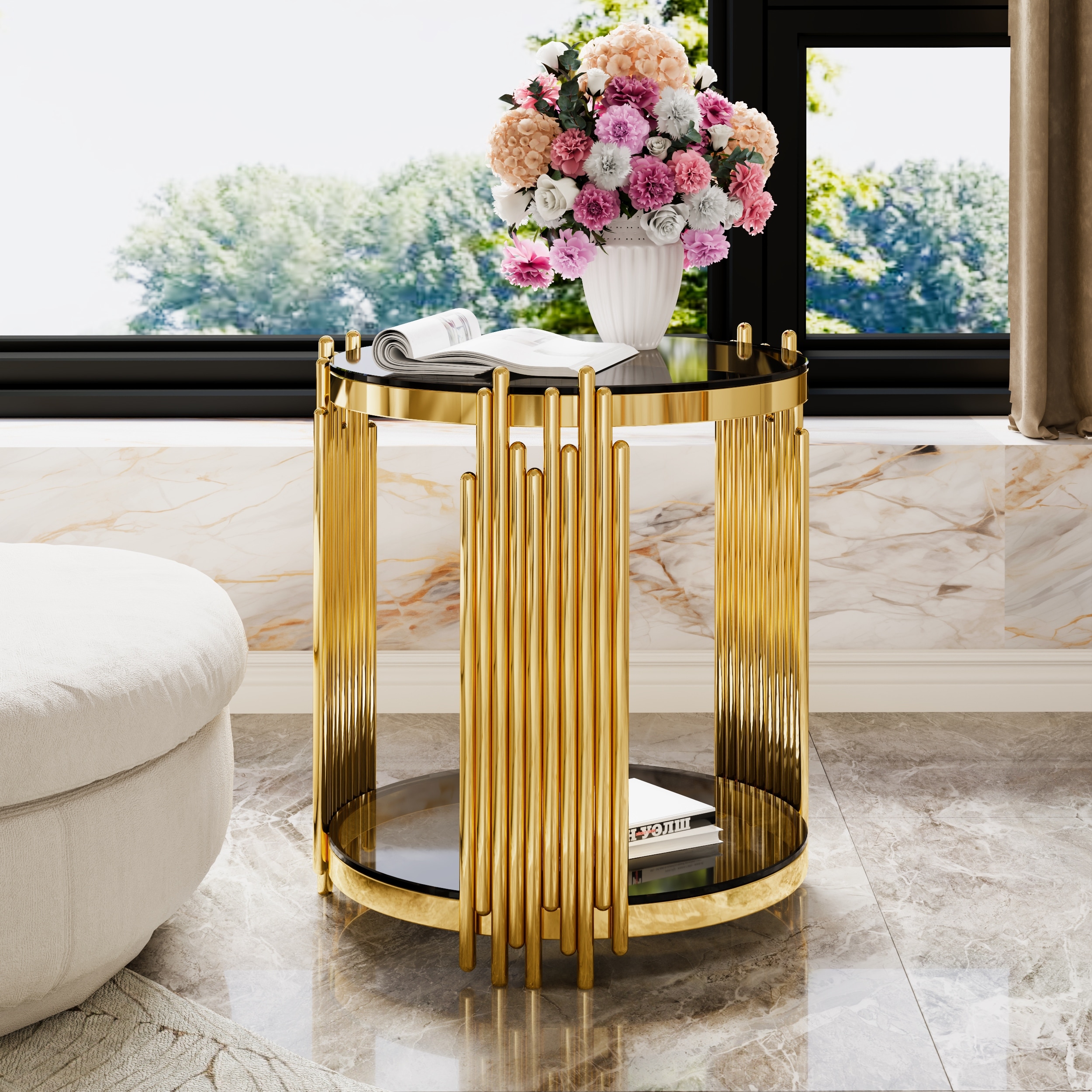 19.8" Modern Black Mirror End Table for Living Room, Round, Asymmetrical Metal, Gold Finish & Lower Shelf