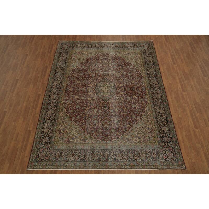 Hand Knotted Oriental 100% Wool Carpet Traditional Floral Red Kerman Area Rug - 12' 10'' X 9' 7''