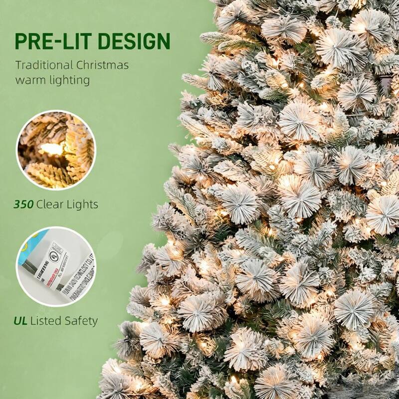 Flocked Artificial Christmas Tree - Clear Lights, Metal Stand, Holiday Decor - Green