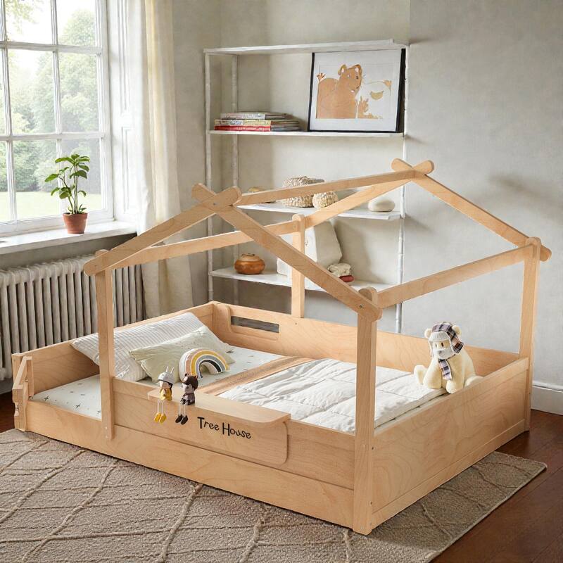 Kids House Floor Bed with Guardrails and Roof, Built-in Tray and Signboard, Montessori Floor Bed for Toddlers