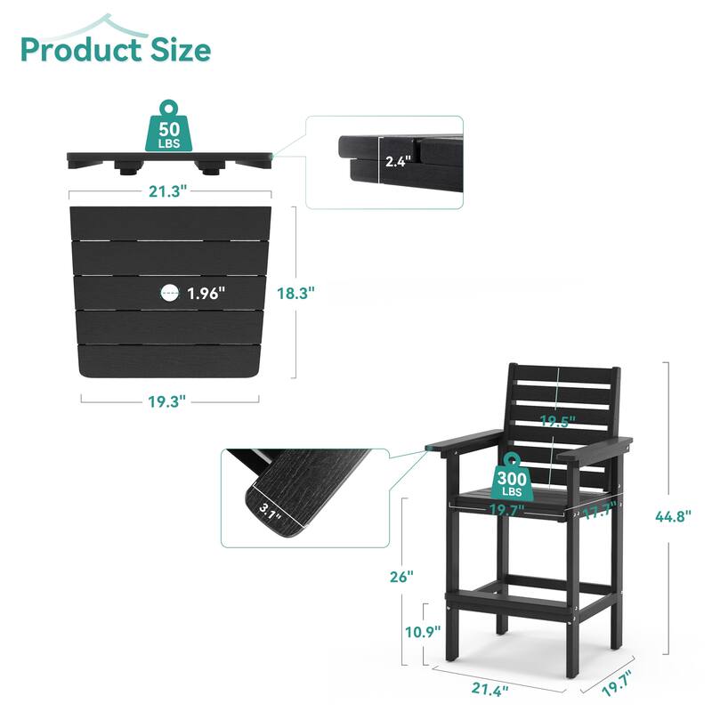 LUE BONA Patio 3-Piece Bar Set HDPS Square Table and Outdoor Bistro Armchairs with Connecting Board Patio Seating