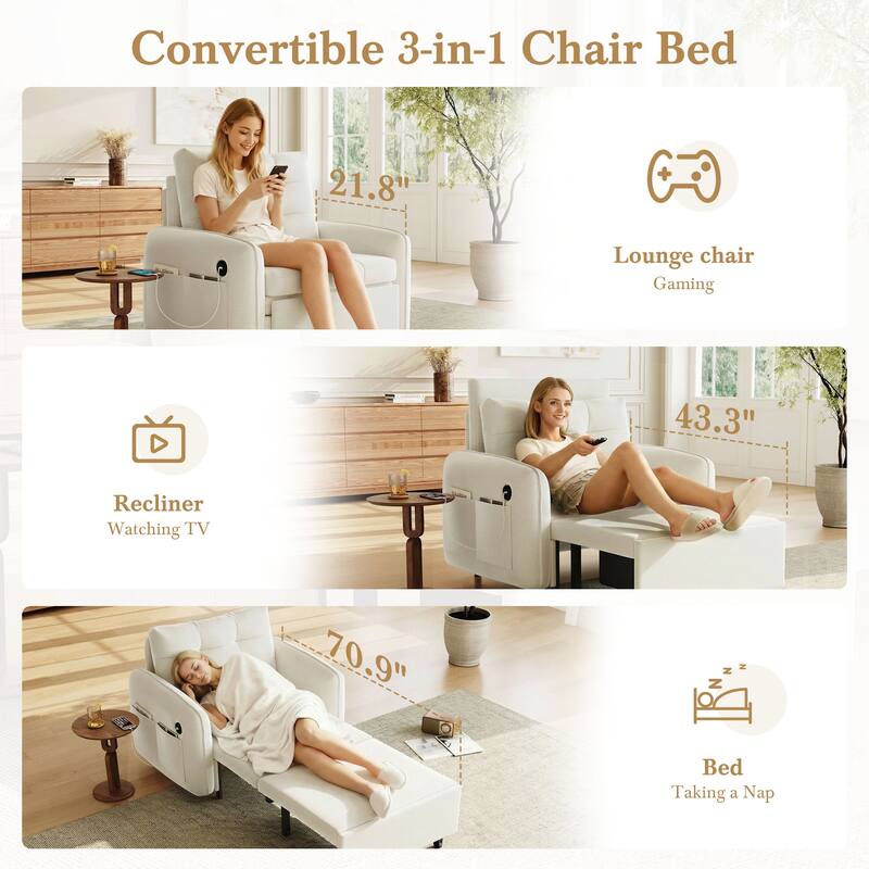Roomfitters 3-in-1 Sleeper Chair Bed, 80'' Pull Out Lounge with USB Charging, Storage Pockets, Chenille