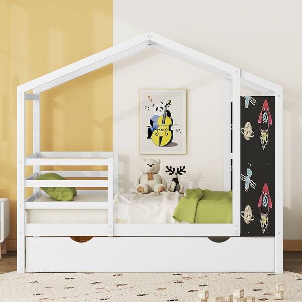 slide 2 of 14, Twin Size Wood House Bed Frame with Trundle, Fence and Writing Board White