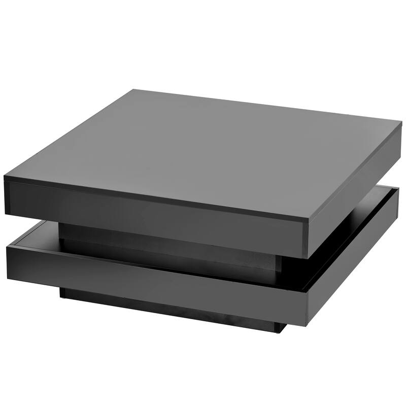 Fashion Simple Coffee Table 2 Tier Square Coffee Table with LED Light Anti-Scratch Plastic Feet, for Living Room