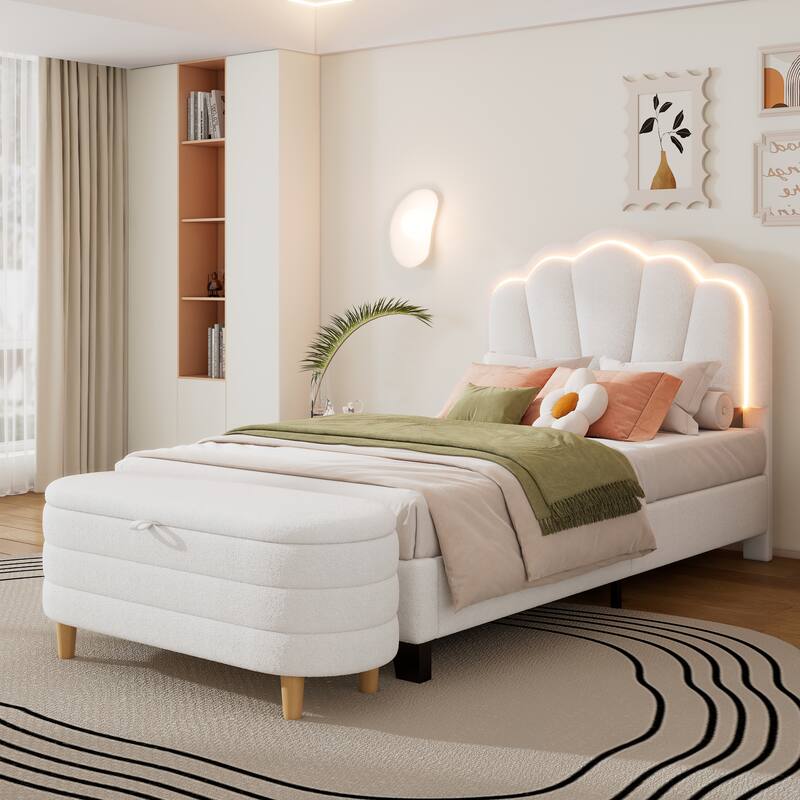 2-Pieces Bedroom Sets Upholstered LED Platform Bed with Storage Ottoman