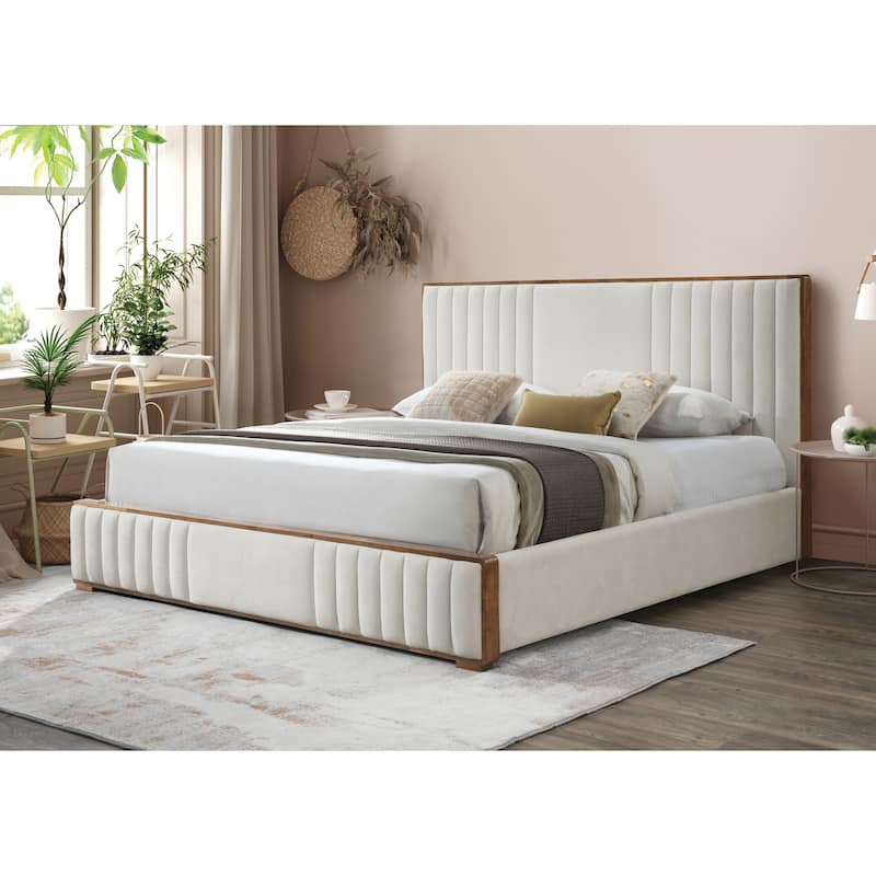 GDFStudio Upholstered Beige Chenille and Walnut Finish Platform Bed - Beige - Queen